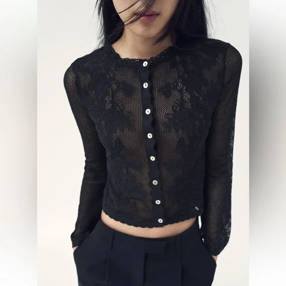 Zara Sweaters Zara Pointelle Knit Top Black Size M New With
